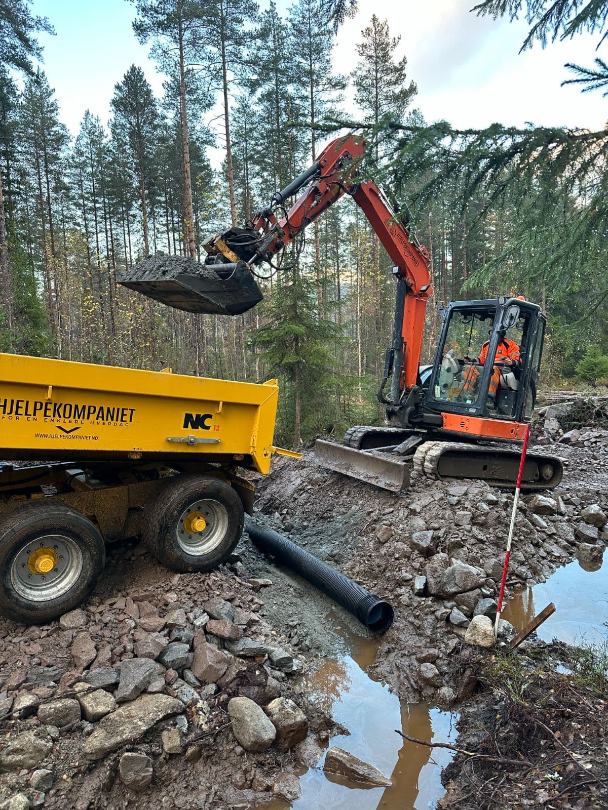 Gravemaskin legger drensrør ved en skogsvei om høsten, med tipphenger fra Hjelpekompaniet